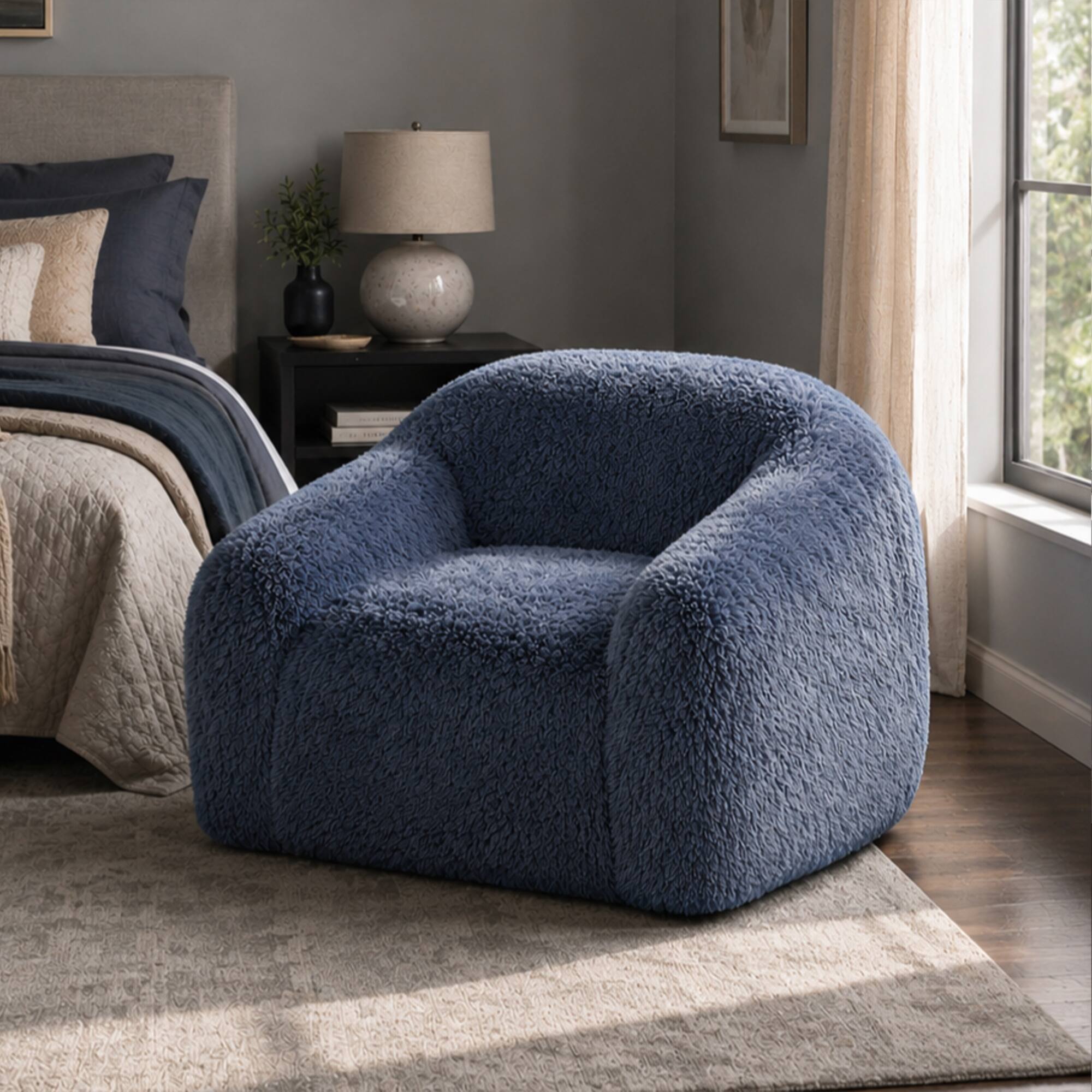 Front. Anysun - Modern 42" Upholstered Foam Compressed Sofa Chair – Contemporary Long Pile with Shaggy Texture, Luxurious to the Touch - Ocean Blue.