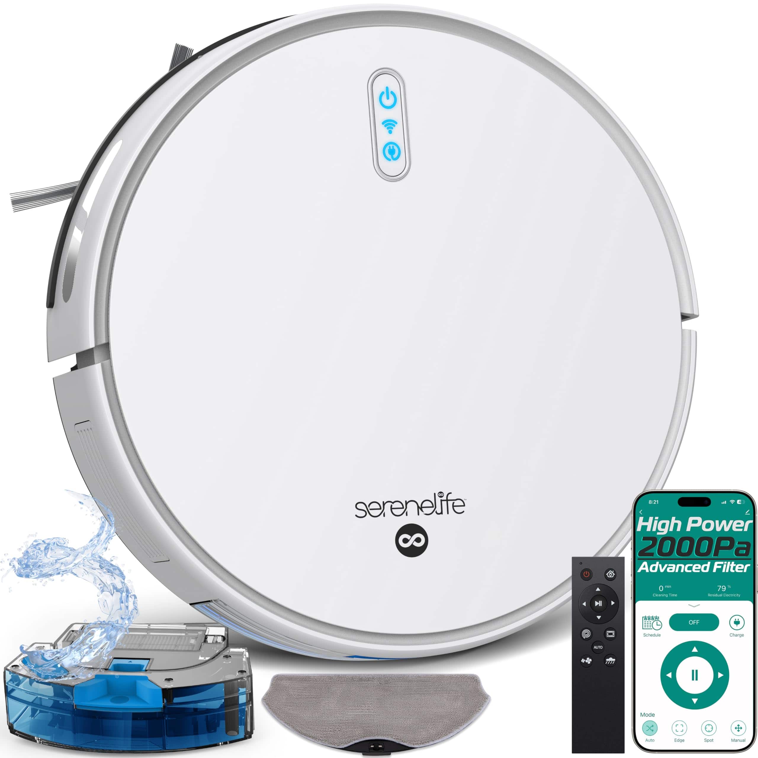 SereneLife - Smart Robot Vacuum and Mop Combo, 2000Pa Suction - White