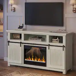Bestier - 60.7" Farmhouse Electric Fireplace TV Stand with 3D Crystal Flames & Sliding Barn Doors, Media Console for 65" TVs - Vintage Gray White