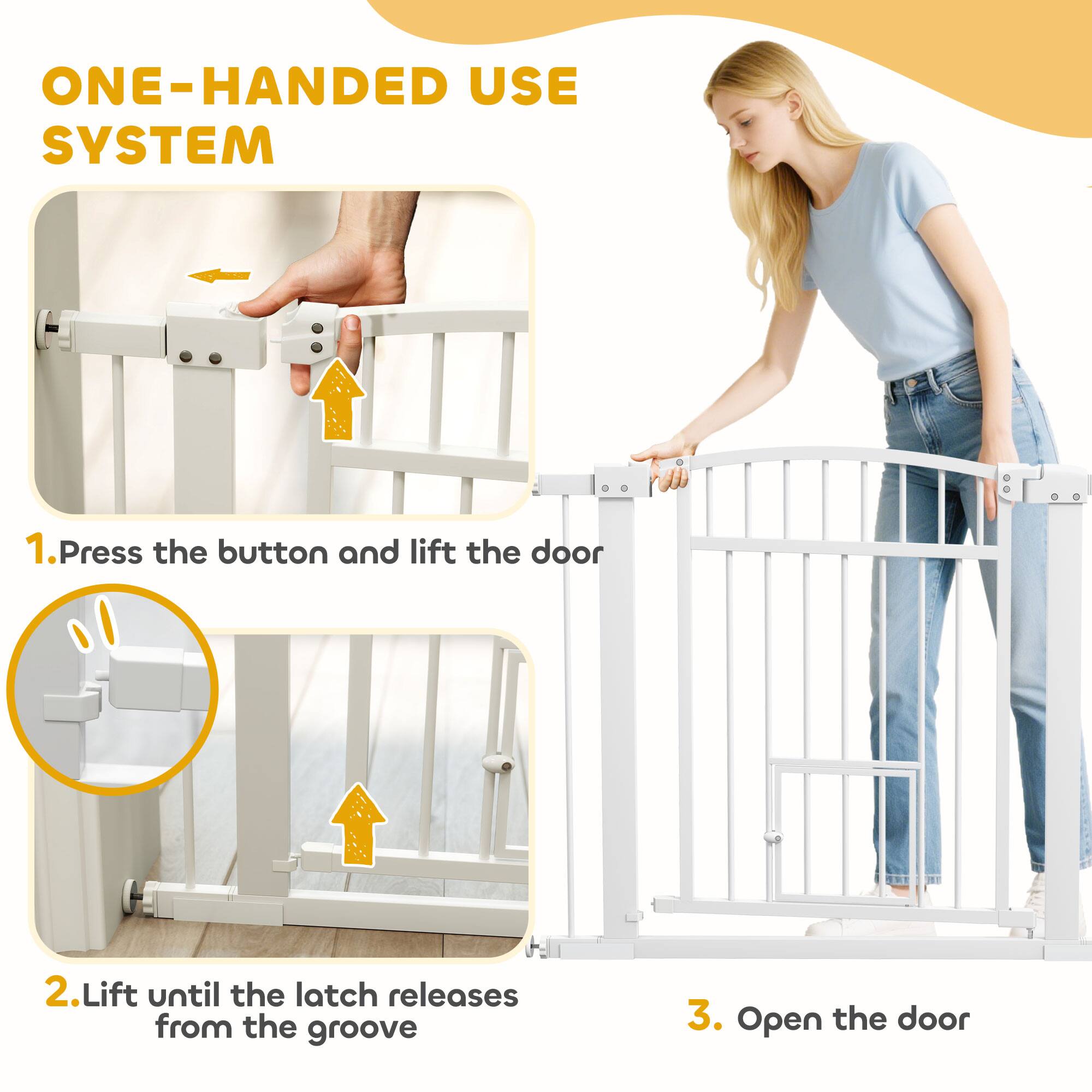 ONE-HANDED USE SYSTEM

1. Press the button and lift the door
2. Lift until the latch releases from the groove
3. Open the door