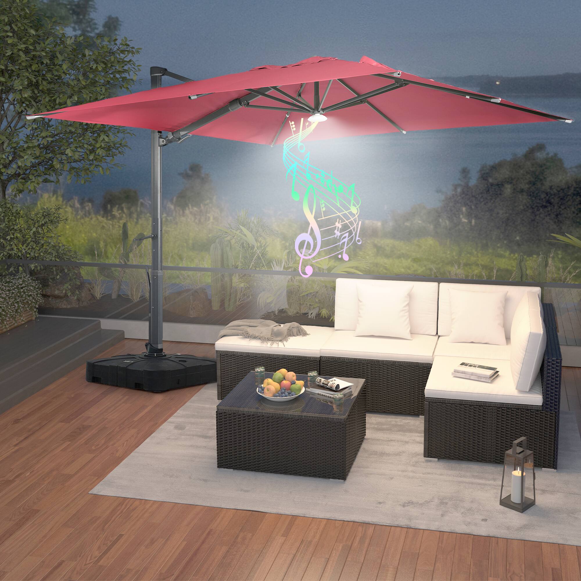 Left. Mondawe - 10*10ft Large Patio Cantilever Umbrella with Bluetooth Speaker and Base - Red.