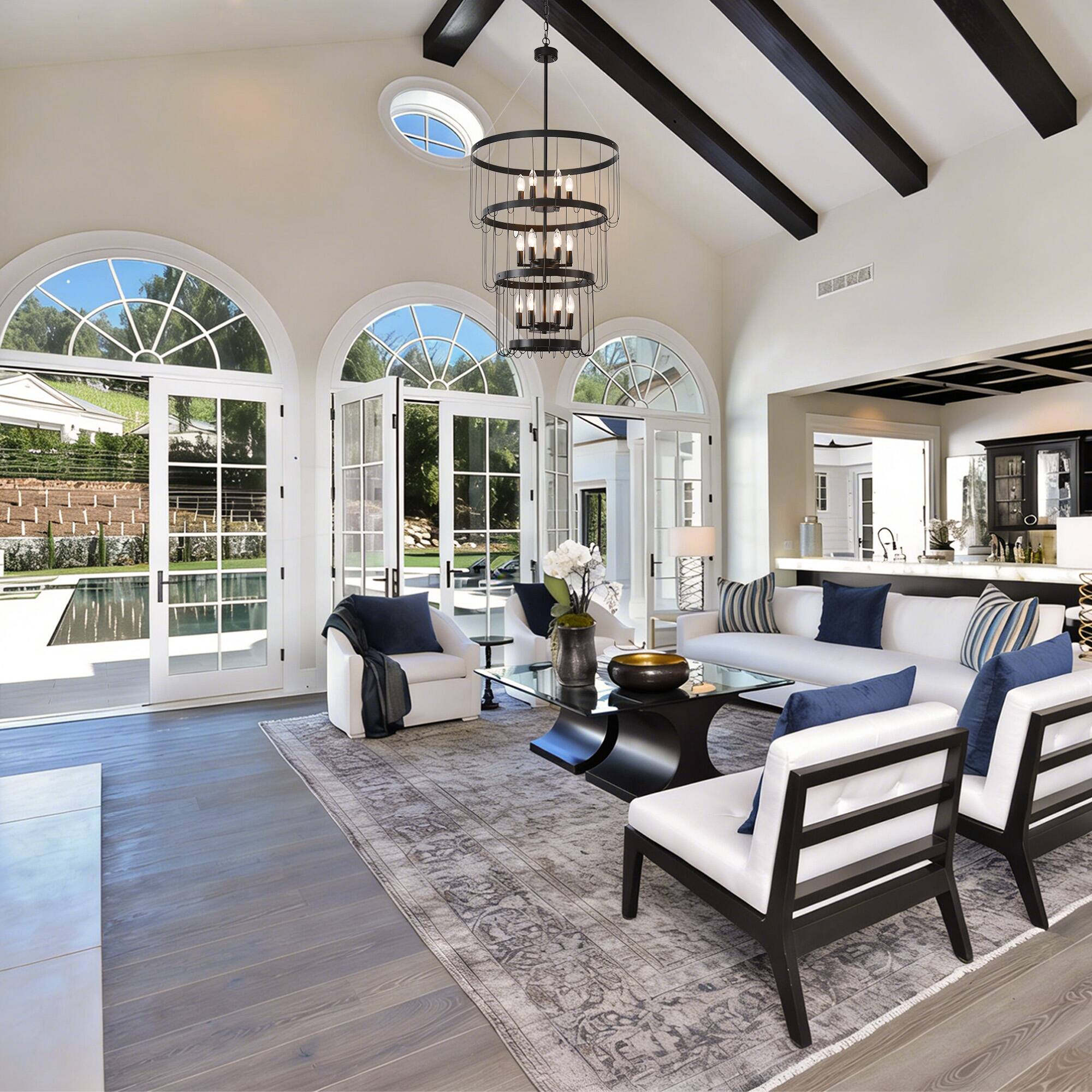 Angle. RYHNUYNE - 24" Black Farmhouse Chandelier,18 Light Lantern Tiered Pendant Light Fixtures for Entryway,Large Chandeliers.