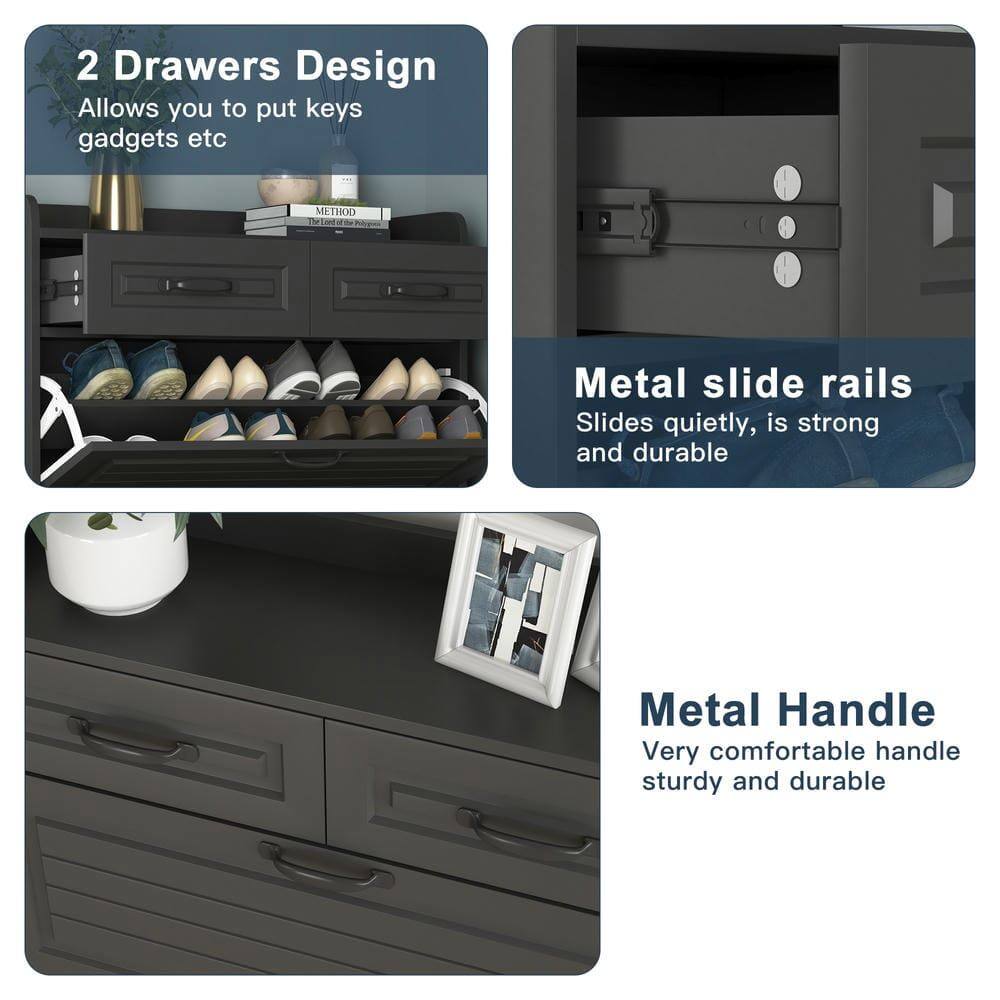 2 Drawers Design  
Allows you to put keys gadgets etc  

Metal slide rails  
Slides quietly, is strong and durable  

Metal Handle  
Very comfortable handle sturdy and durable