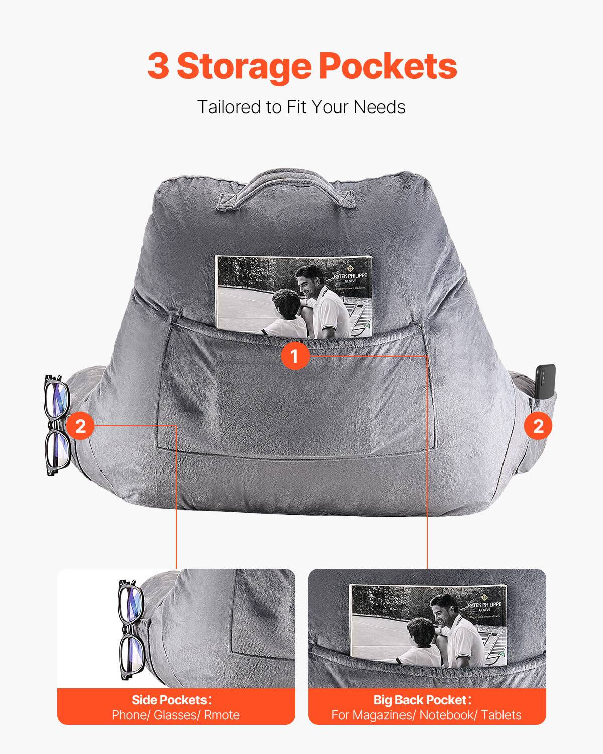 3 Storage Pockets  
Tailored to Fit Your Needs  

Side Pockets:  
Phone/ Glasses/ Remote  

Big Back Pocket:  
For Magazines/ Notebook/ Tablets