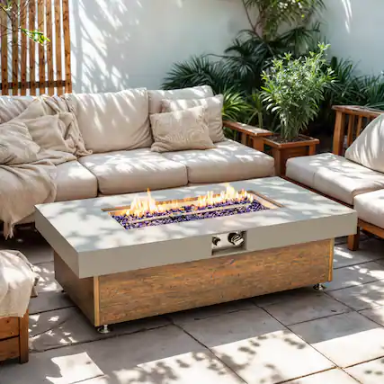 Front. PexFix - 48" Propane Fire Pit Table, 50,000 BTU Outdoor Heater with Wood Grain Finish & Cover for Patio - Brown.
