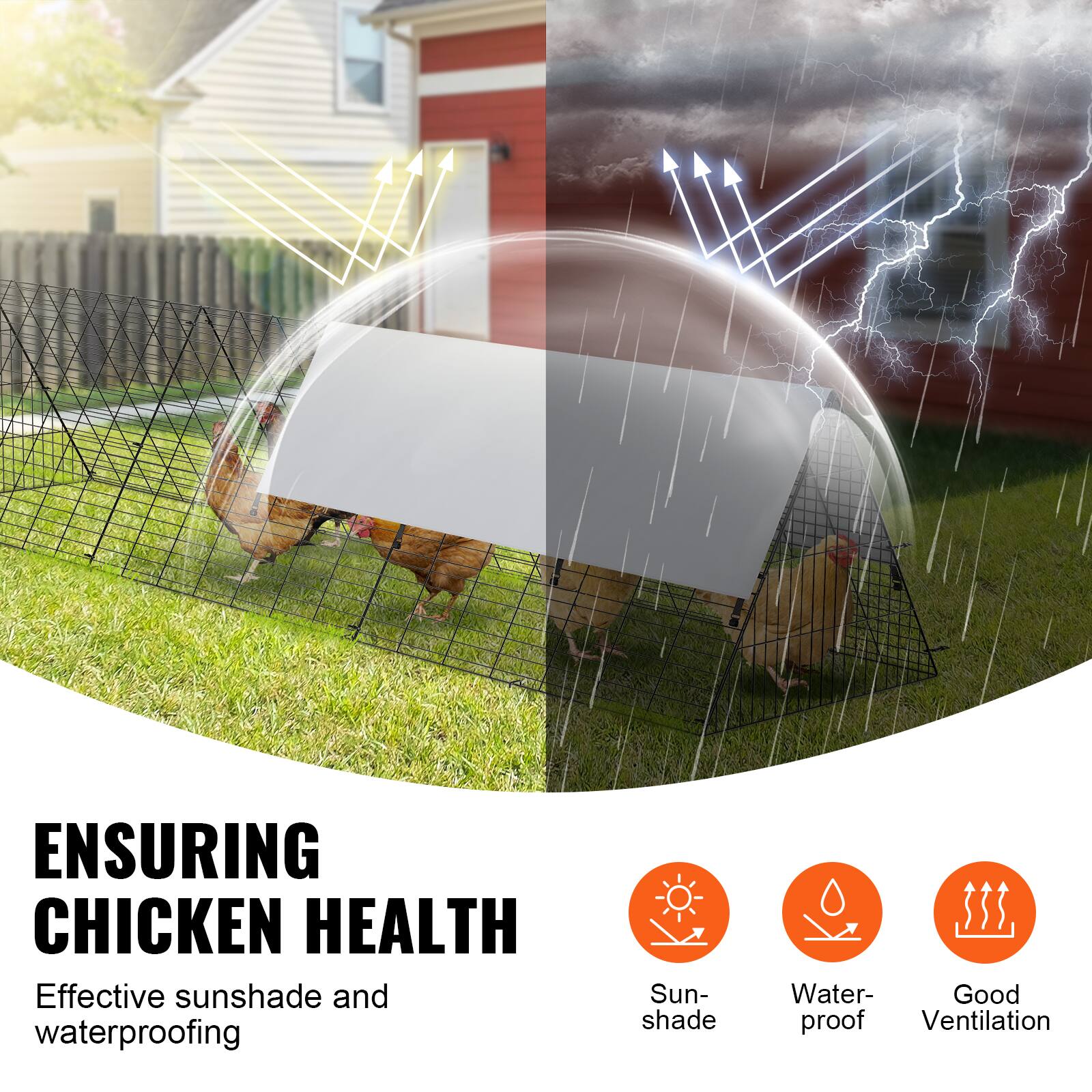 ENSURING CHICKEN HEALTH  
Effective sunshade and waterproofing  

Sun-shade  
Water-proof  
Good Ventilation
