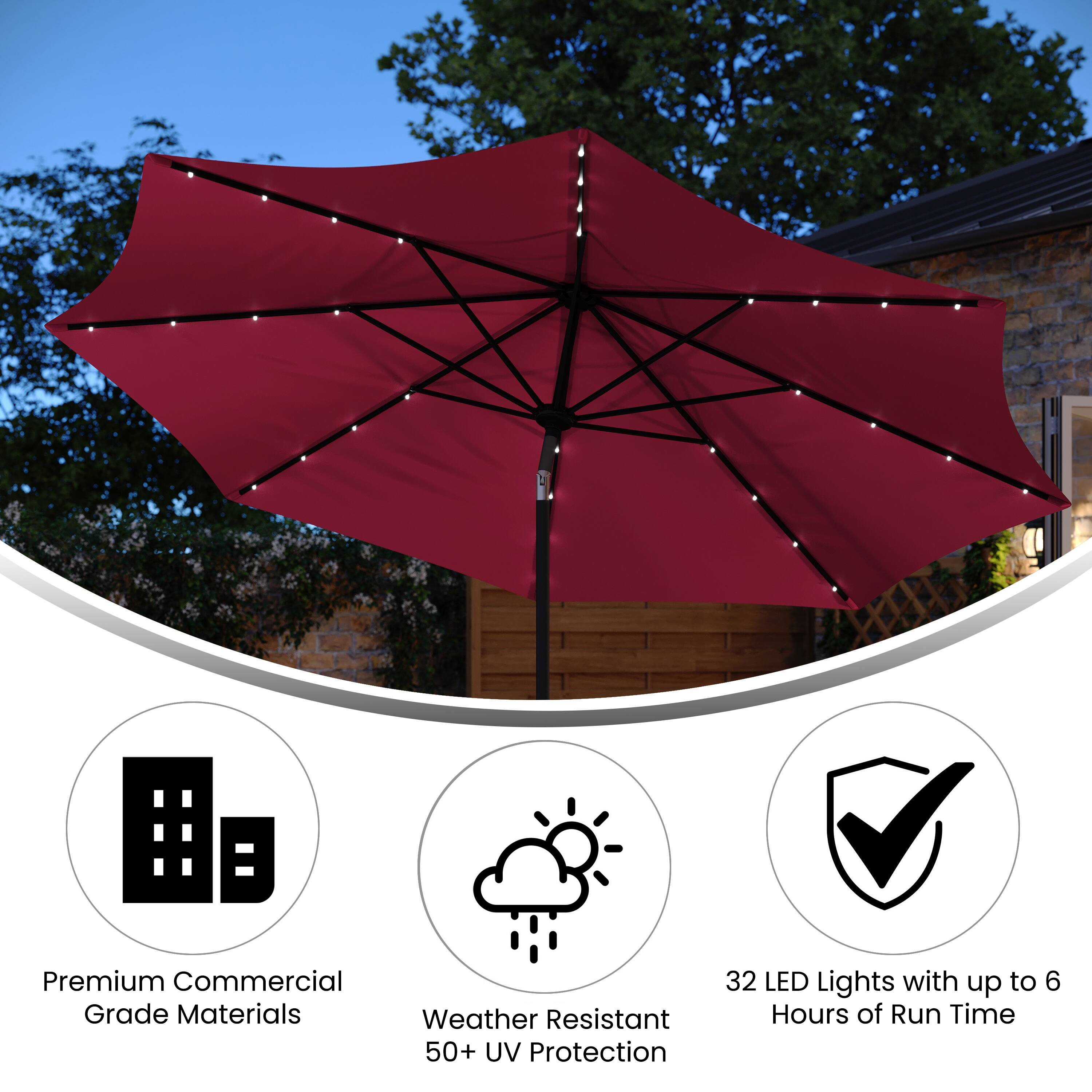 Premium Commercial Grade Materials  
Weather Resistant 50+ UV Protection  
32 LED Lights with up to 6 Hours of Run Time