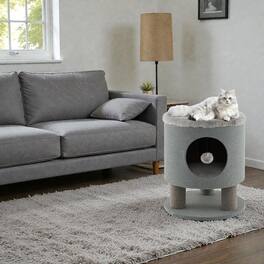 BreeBe - Multi-Functional Kitty Bed Tower Featuring Scratcher Posts and Soft Ball Toy - Gray