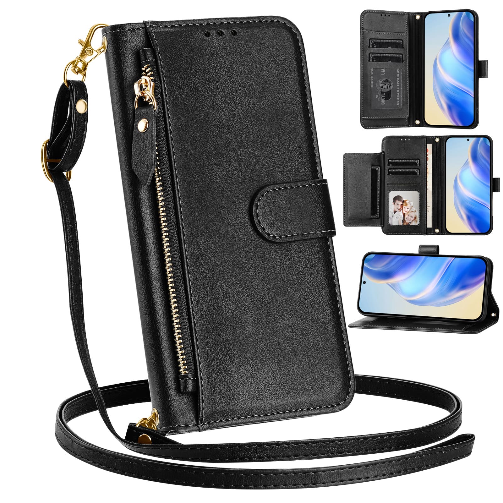 UUCOVER - Zipper Wallet Case for Samsung Galaxy A17 5G Magnetic PU Leather Card Slots Stand Cover with Shoulder / Wrist Strap - Black price history on PriceWatchPro