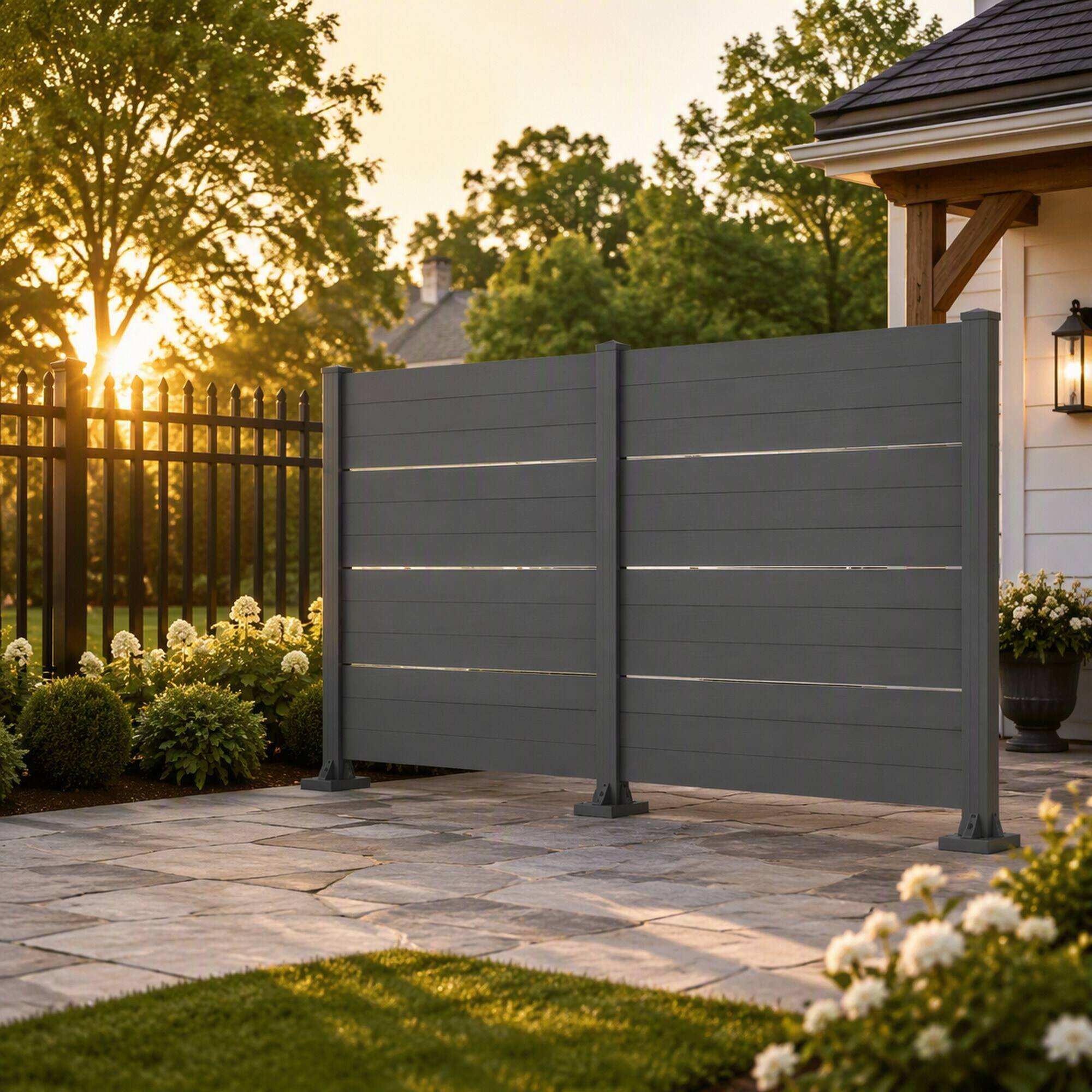 Back. RYHNUYNE - 50x49 Inch Outdoor Privacy Screen for AC Unit, All-Weather Vinyl Fence with Aluminum Posts, 2 Dark Grey Panels - DARK GREY.