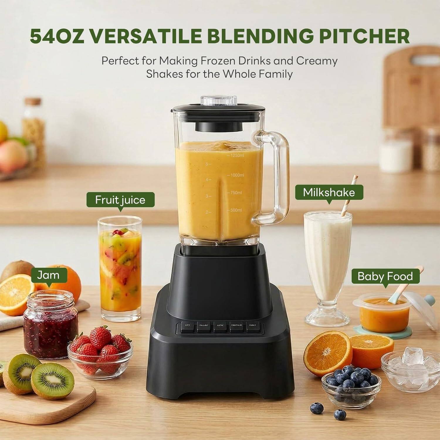 54OZ VERSATILE BLENDING PITCHER  
Perfect for Making Frozen Drinks and Creamy Shakes for the Whole Family  

- Fruit juice  
- Milkshake  
- Jam  
- Baby Food