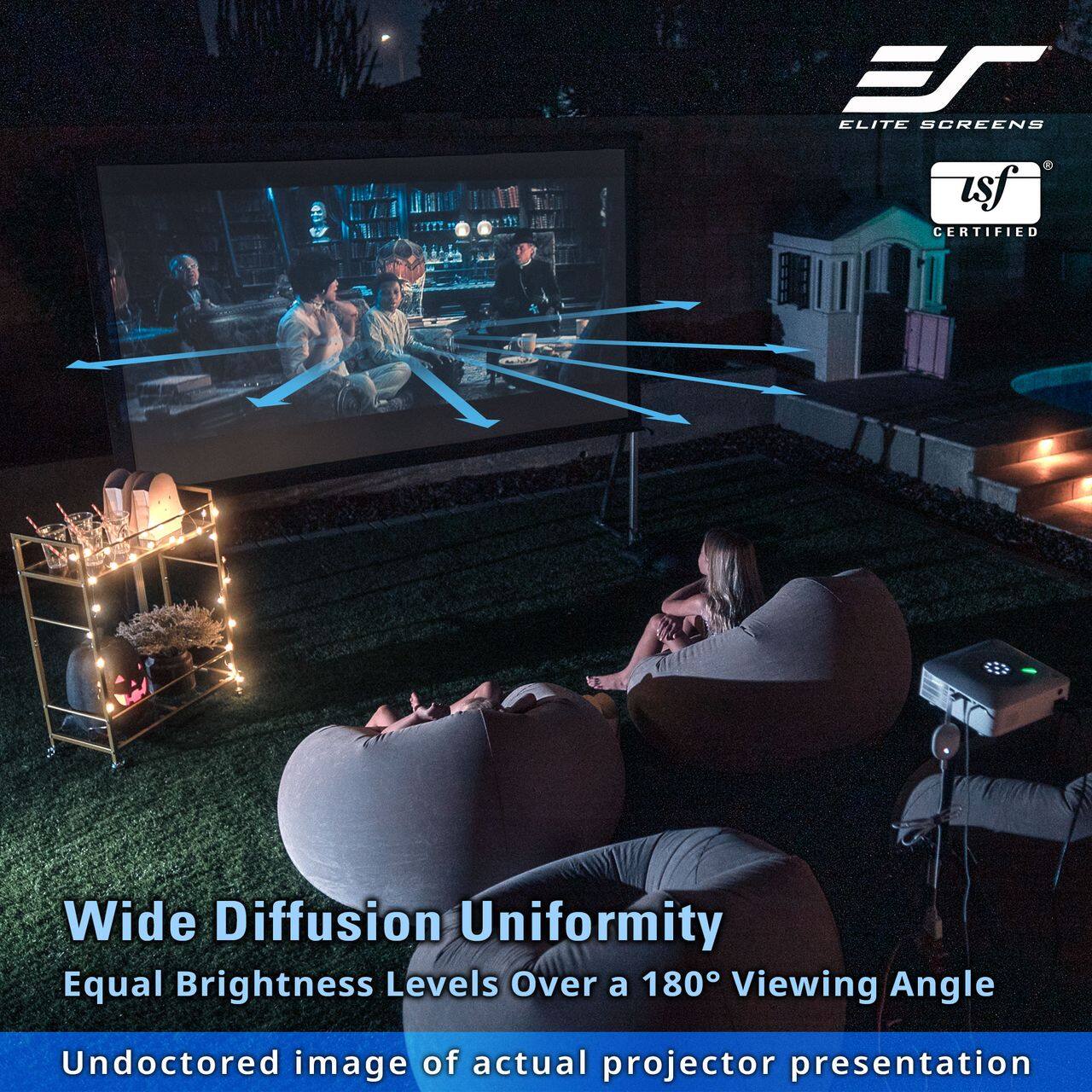 ES ELITE SCREENS isf CERTIFIED  
Wide Diffusion Uniformity  
Equal Brightness Levels Over a 180° Viewing Angle  
Undoctored image of actual projector presentation