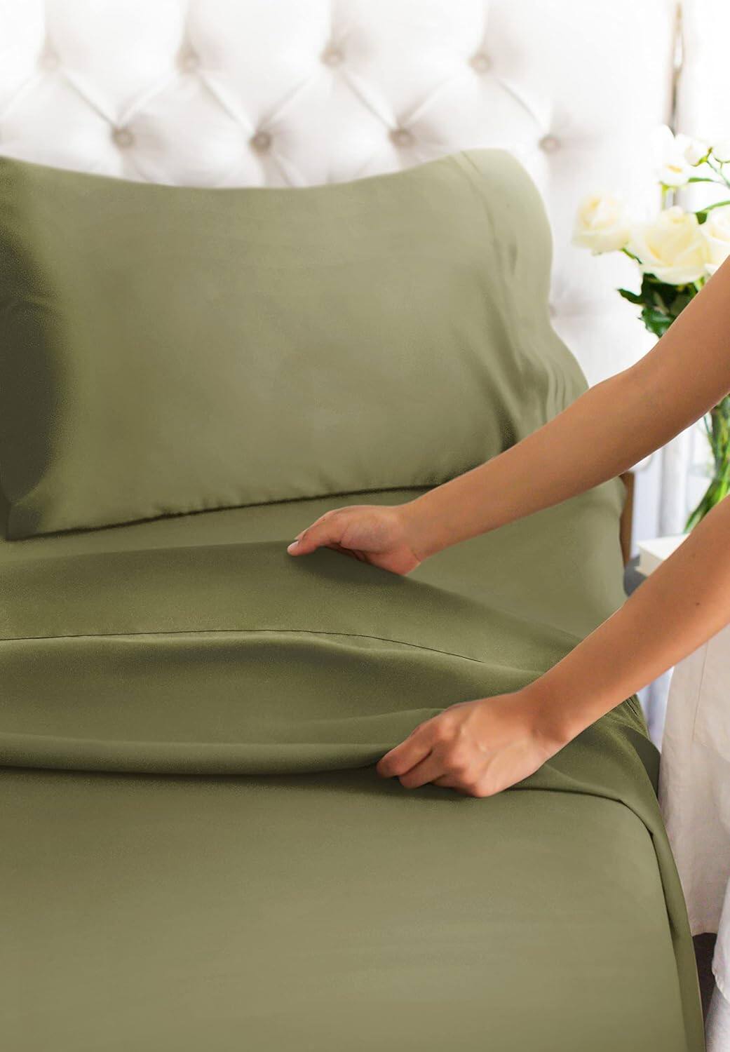 Back. CGK Linens - 100% Cotton 400 TC 4 Piece Sheet Set - Extra Deep Pocket for 18"-24" Mattresses - King - Sage Green.