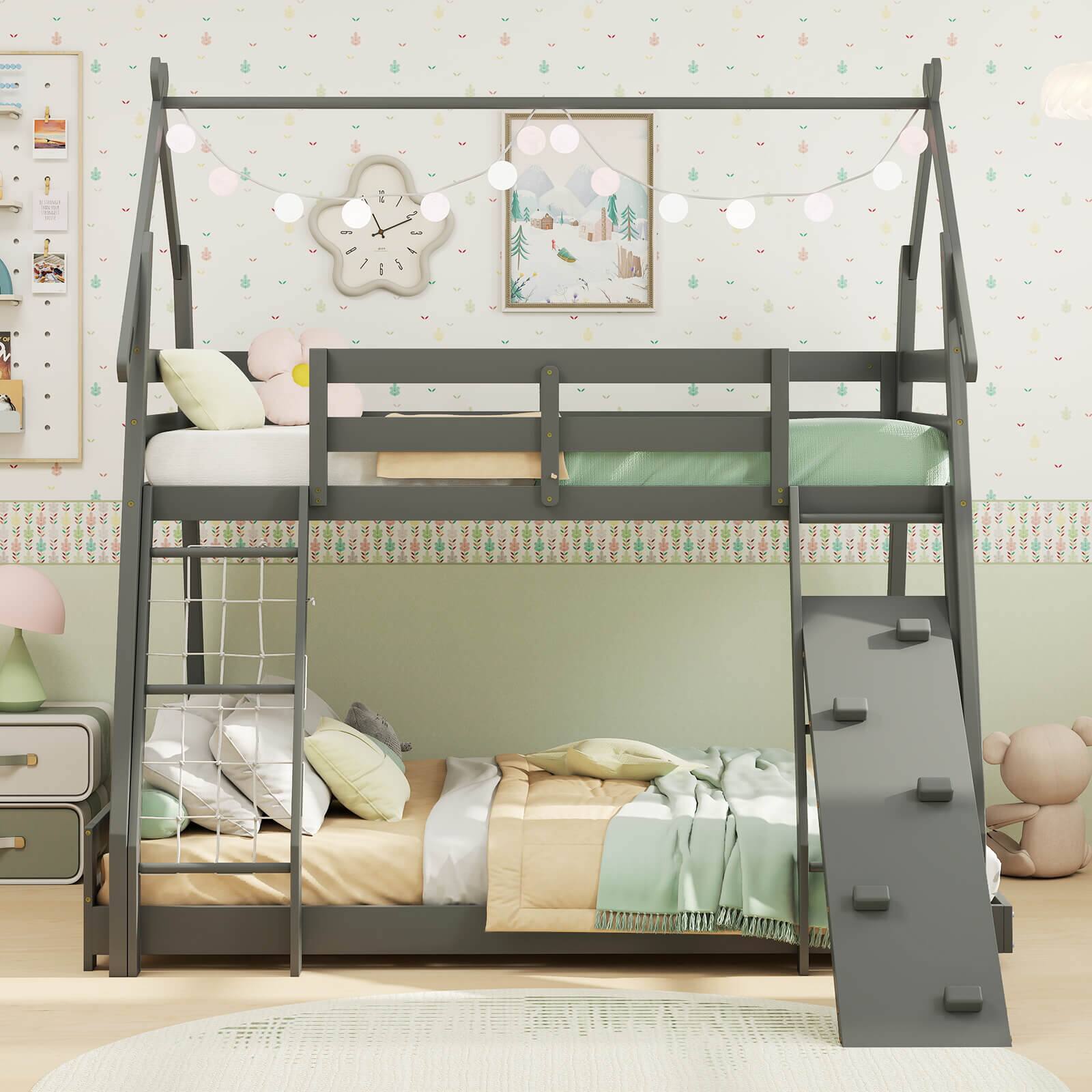 Alt View 4. Costway - Costway Twin Over Queen Bunk Bed House Shaped Bed Frame with Climbing Nets and Ramp Gray - Gray.
