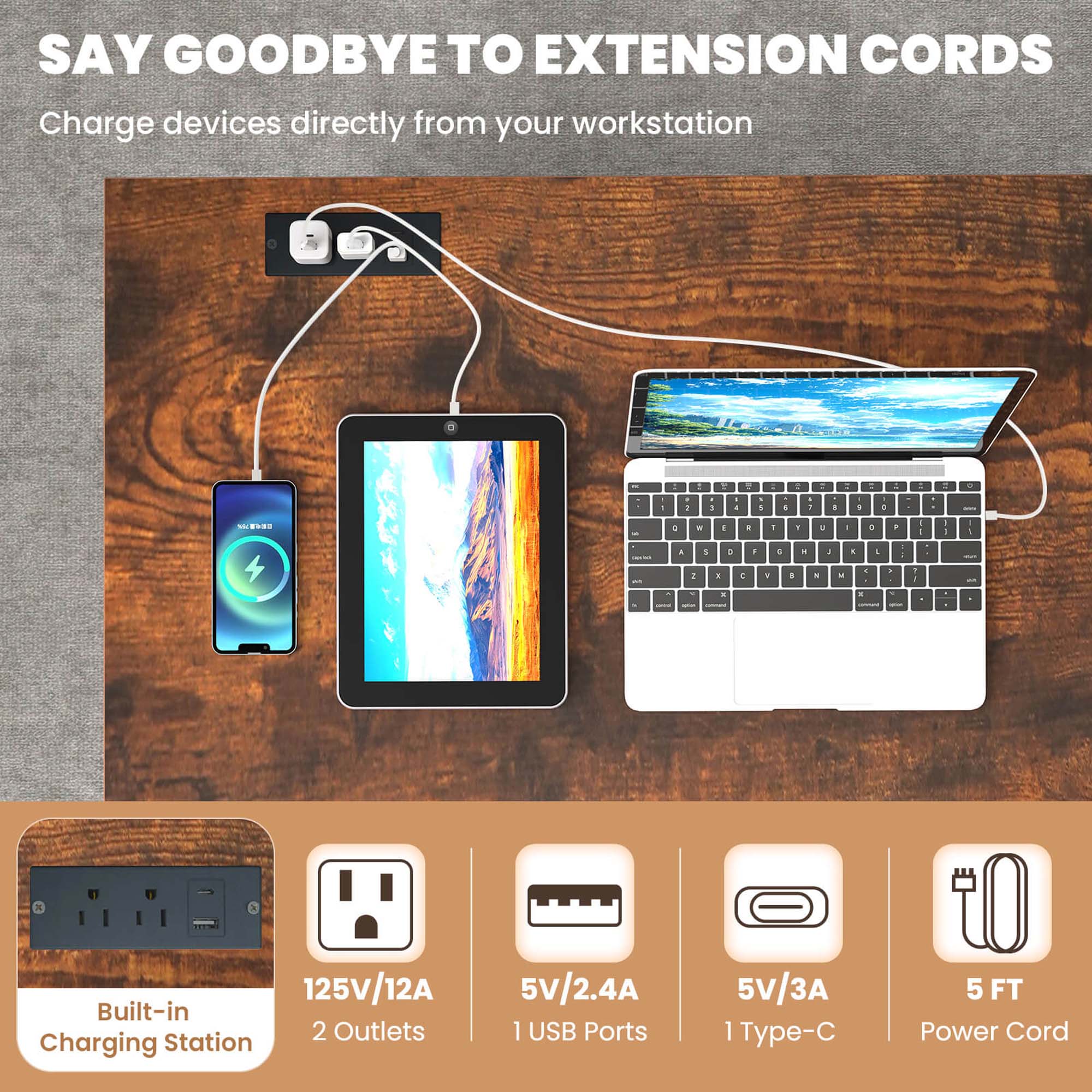 SAY GOODBYE TO EXTENSION CORDS Charge devices directly from your workstation 1 - + - - - d d - 1 . 1 . - - - - - - 1 + d - ... - . - - a - - V - a . - I d - 1 A A a - + - . -  - : I 1 .  1 . . . . - - - . . 125V/12A Built-in 2 Outlets Charging Station 5V/2.4A 1 USB Ports 5V/3A 1 Type-C Port 5 FT Power Cord