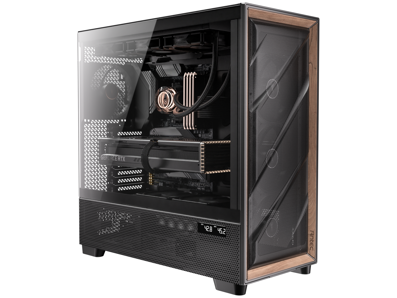 Antec - FLUX Pro, 6 x PWM Fans Included, High-Airflow Front Panel With Walnut Wood, Temp. Display, Full-Tower E-ATX PC Case - Walnut