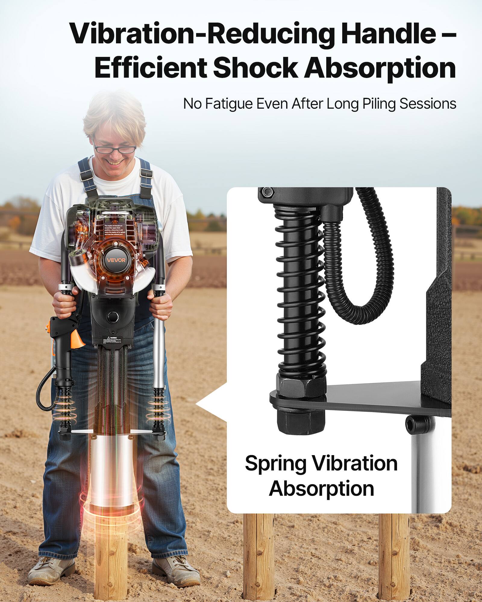 Vibration-Reducing Handle – Efficient Shock Absorption  
No Fatigue Even After Long Piling Sessions  

VEVOR Spring Vibration Absorption