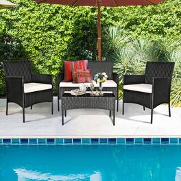 Gymax - 4PCS Patio Rattan Conversation Set Outdoor Furniture Set w/ Cushion - Black