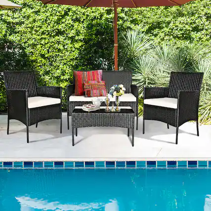Front. Gymax - Gymax 4PCS Outdoor Furniture Set Patio Rattan Conversation Set w/ Beige Cushion - Beige.