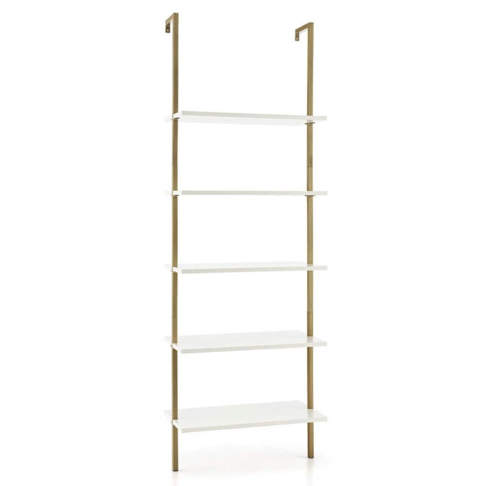 Kadyn - Open Book Shelf,Storage Shelf Unit Plant Stand,5 Tier Ladder Shelf Wall-Mounted Bookcase with Steel Frame-Golden - White