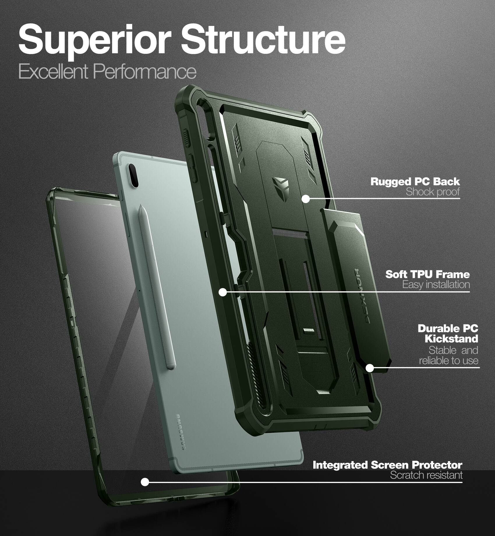 Superior Structure  
Excellent Performance

- Rugged PC Back  
  Shock proof

- Soft TPU Frame  
  Easy installation

- Durable PC Kickstand  
  Stable and reliable to use

- Integrated Screen Protector  
  Scratch resistant