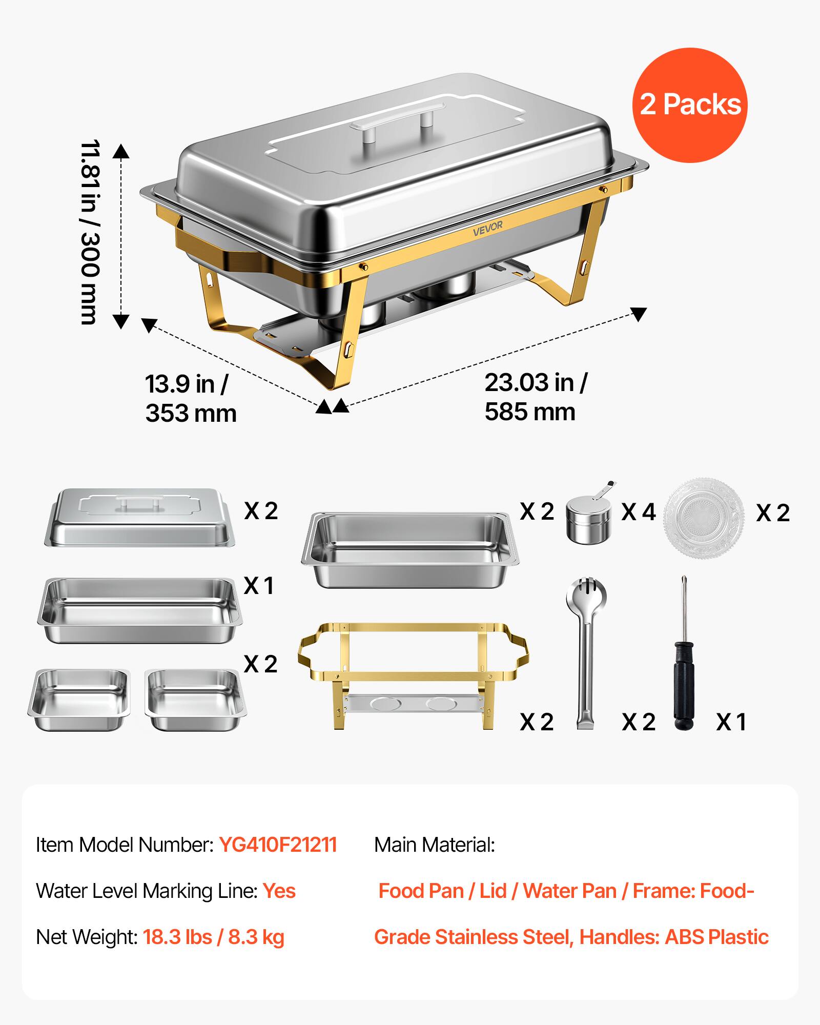 VEVOR 2 Packs Chafing Dishes for Buffet Set, 9QT Stainless Steel Chafer ...