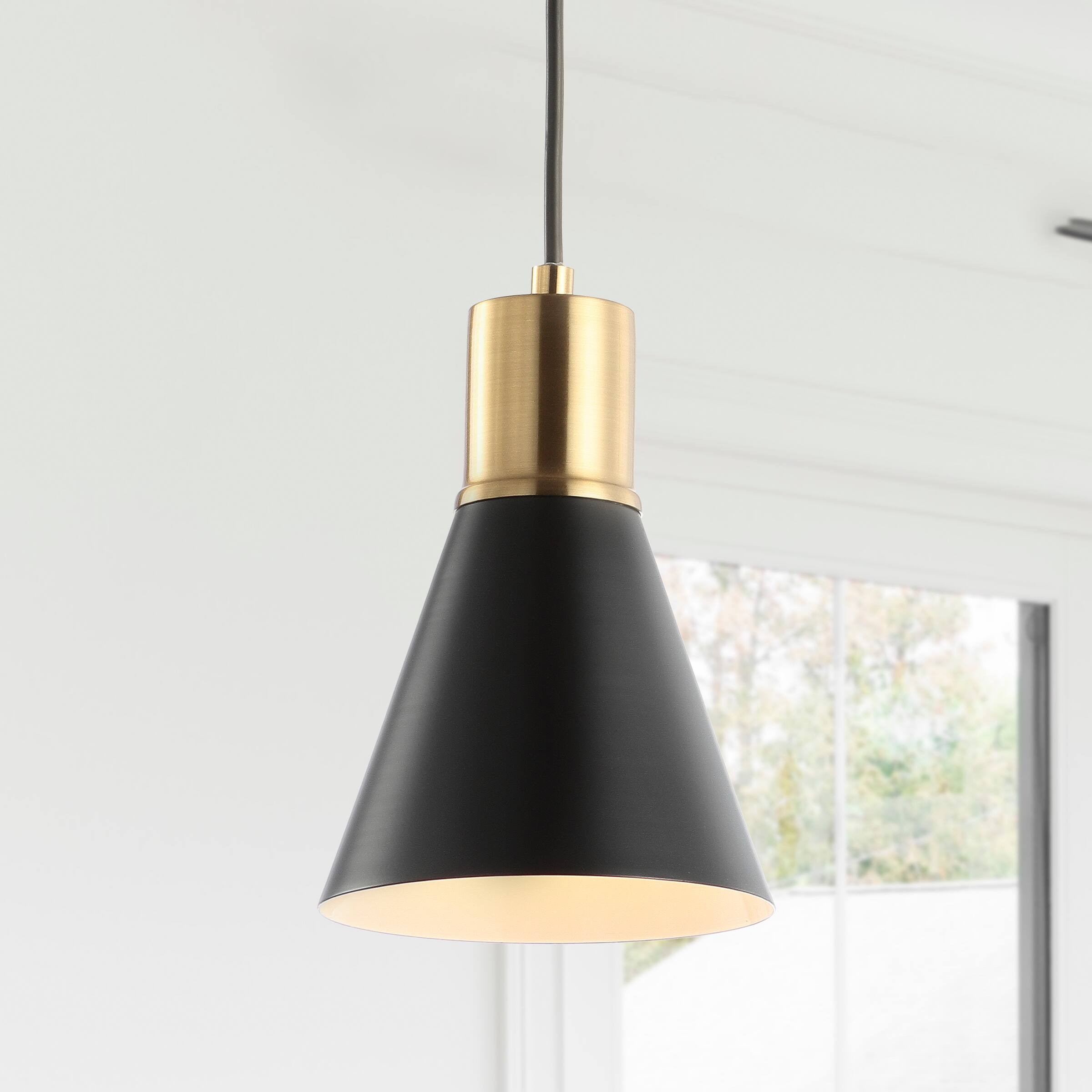 Alt View 1. Jonathan Y - Apollo 6" 1-Light Mid-Century Modern Iron LED Pendant, Black/Brass Gold - Black/Brass Gold.