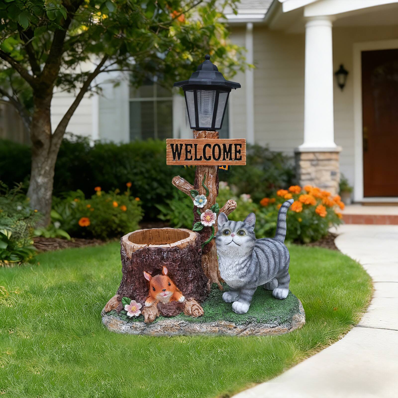 Angle. Anysun - Cat Solar Planter Statue for Outdoor Decor – Cute Garden Sculpture with Built‑In LED Light and Flower Pot - Brown.