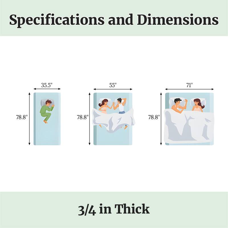 Specifications and Dimensions

35.5" x 78.8"  
55" x 78.8"  
71" x 78.8"  

3/4 in Thick