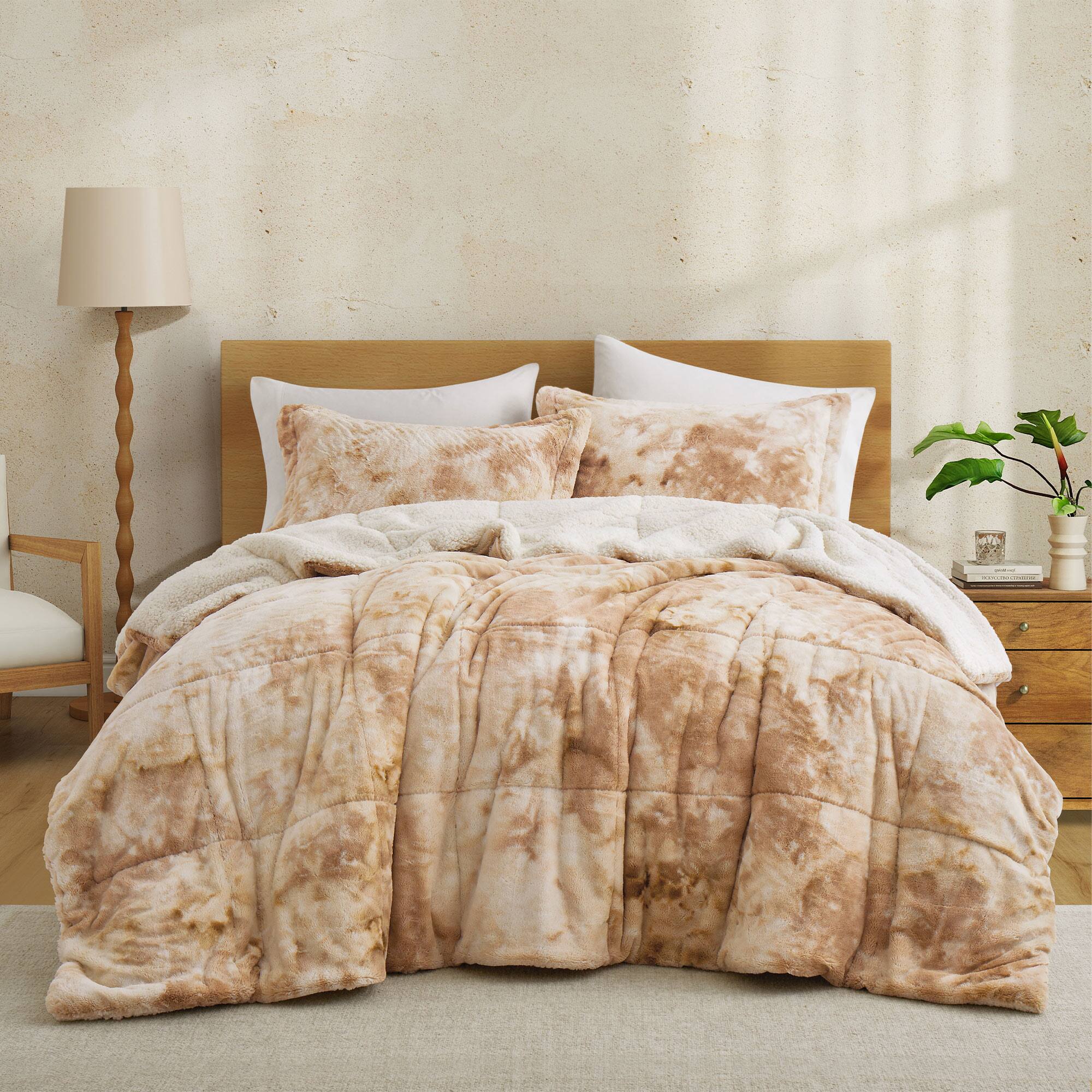 Peace Nest - Sherpa Fluffy Faux Fur Comforter Set Plush Reversible Bedding Set - Beige