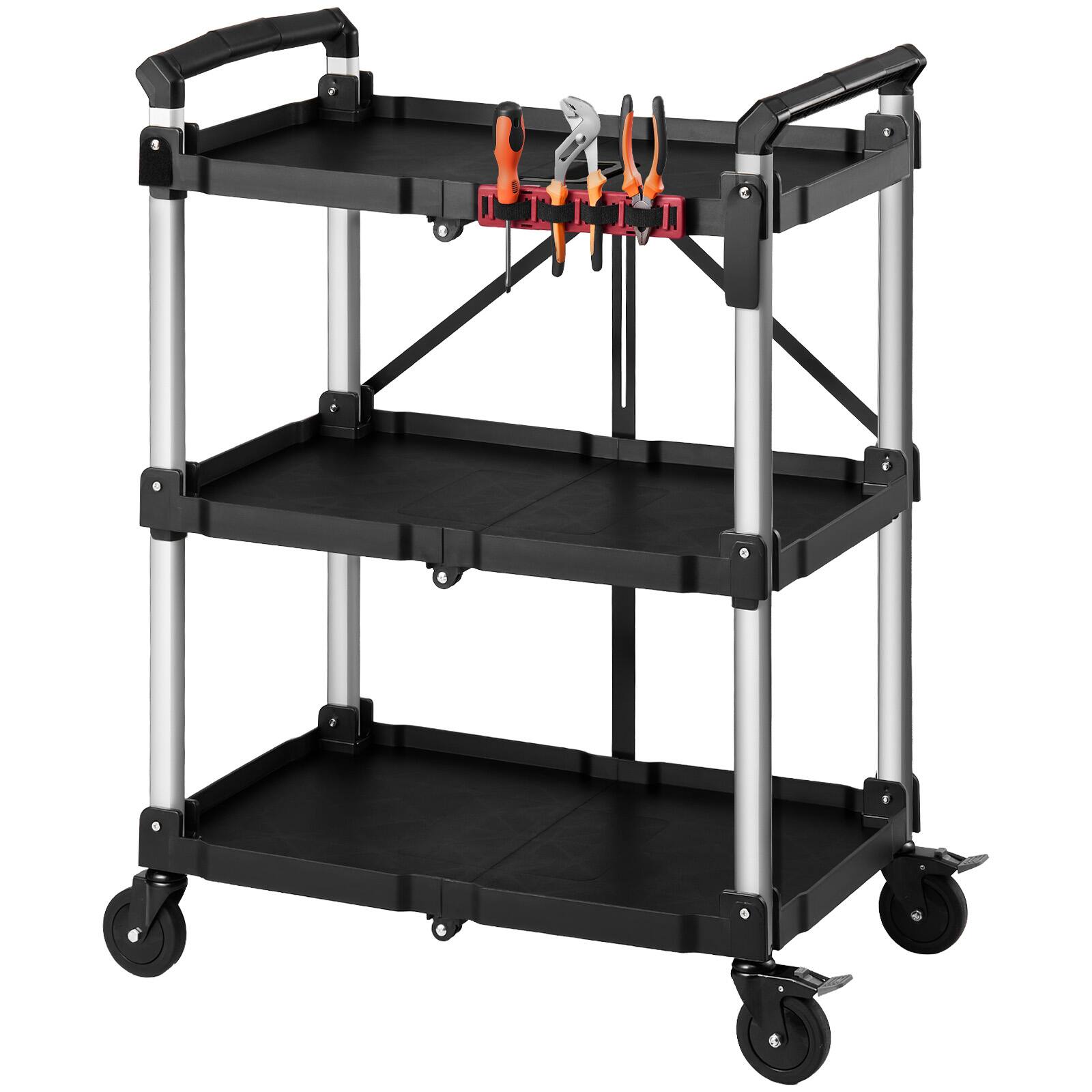 Alt View 5. VEVOR - Utility Cart, 300 lbs Capacity, 3 Tier Folding Service Cart with 360° Swivel Wheels (2 with Brakes) - Black.
