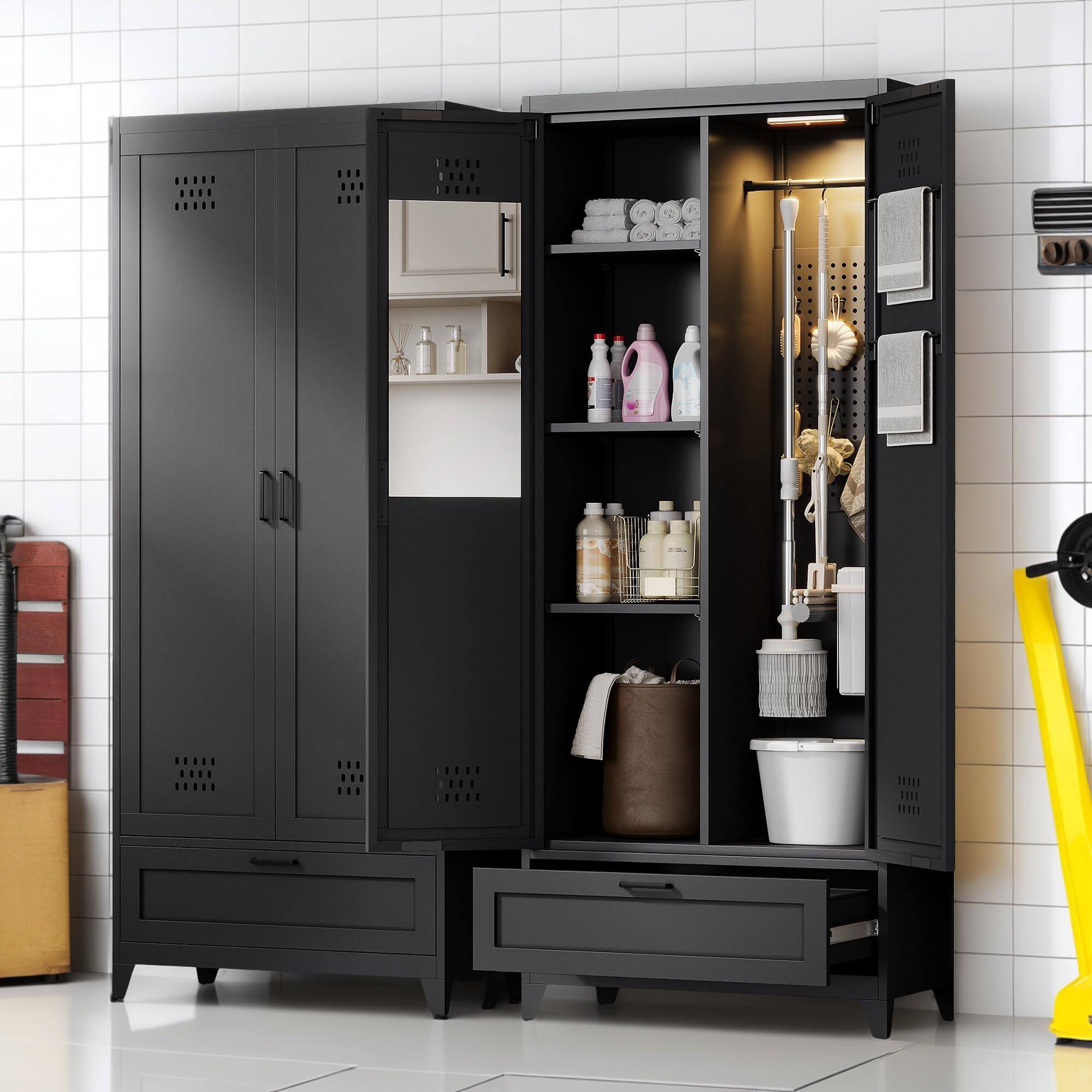 Cedar Assembly - YITAHOME 71 Metal Garage Broom Cabinets with Adjustable Shelves, Vacuum Storage Cabinet with Doors and Dra - Default