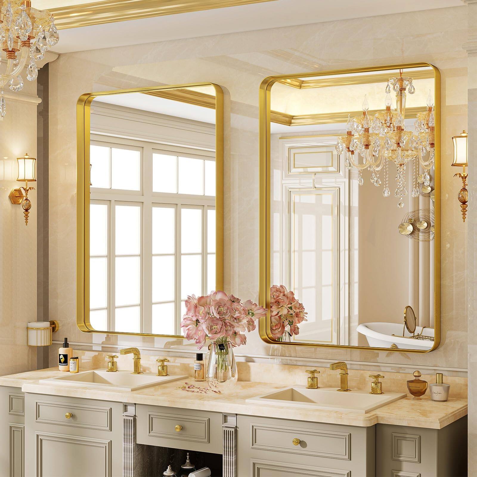 Left. Cedar Assembly - Bathroom Mirror Gorgeous Deep Frame Wall Modern Round Corner Vanity For Bedroom Living Room Hanging Or Le... - Gold-30"L x 20"W.