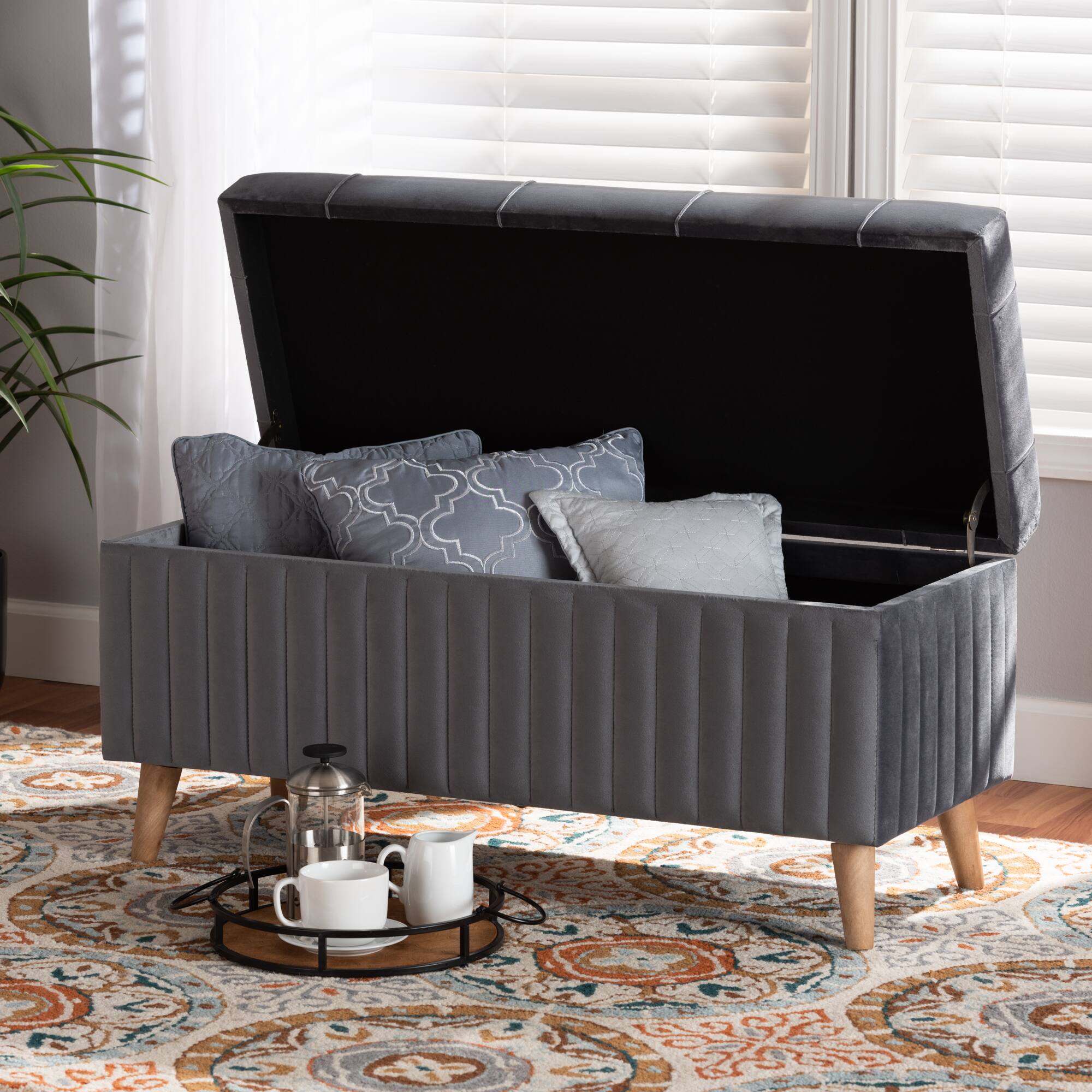 Alt View 5. Baxton Studio - Hanley Modern and Contemporary Velvet Fabric Upholstered and Walnut Brown Finished Wood Storage Ottoman - Grey/Walnut Brown.