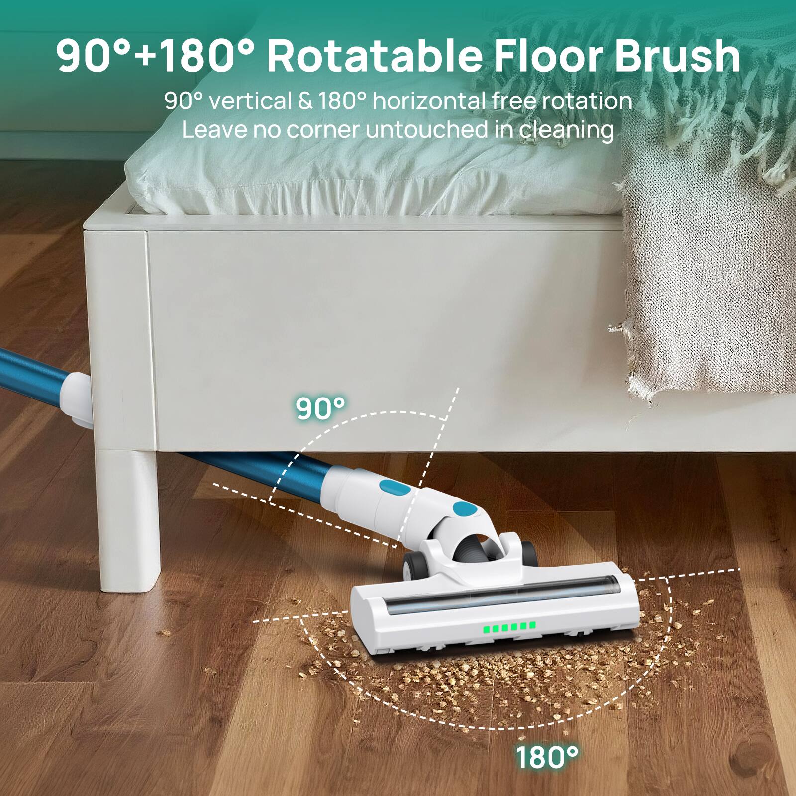 90°+180° Rotatable Floor Brush
90° vertical & 180° horizontal free rotation
Leave no corner untouched in cleaning
90°
180°