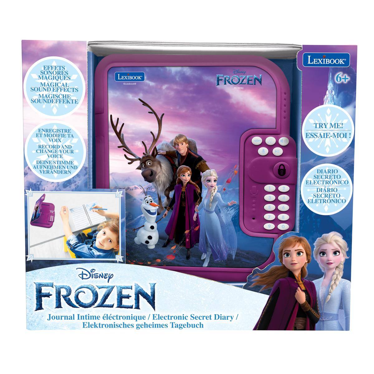 EFFETS SONORES MAGIQUES  
MAGICAL SOUND EFFECTS  
MAGISCHE SOUNDEFFEKTE  

LEXIBOOK aod  
Aisney FROZEN - LEXIBOOK 6+  

ENREGISTRE ET MODIFIE TA VOIX  
RECORD AND CHANGE YOUR VOICE  
DEINE STIMME AUFNEHMEN UND VERÄNDERN  

TRY ME!  
ESSAIE-MOI  

DIARIO SECRETO ELECTRONICO  
DIARIO SECRETO ELETRONICO  
Disney FROZEN  
Journal Intime électronique / Electronic Secret Diary / Elektronisches geheimes Tagebuch