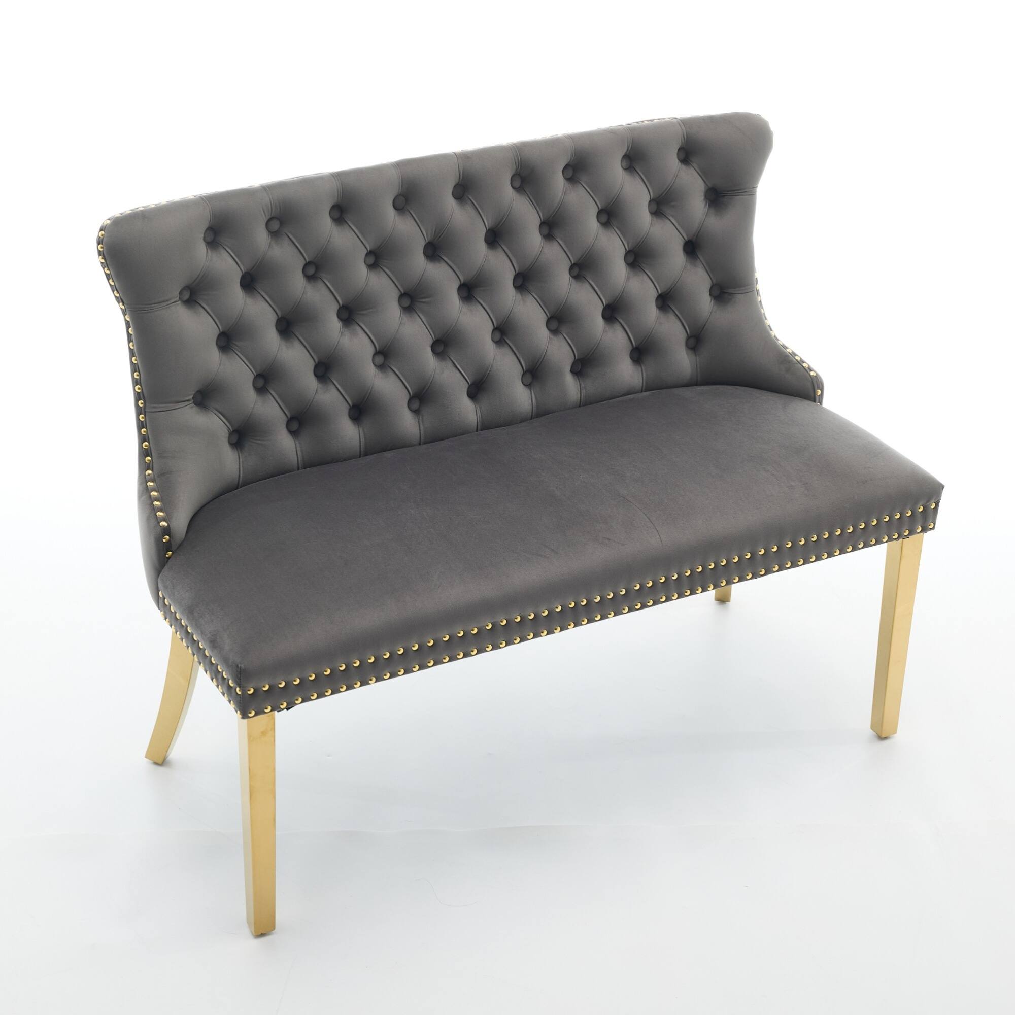 Alt View 1. GOODSILO - Velvet Tufted Double Seater Dining Bench with Gold Accent Legs for Kitchen and Dining Room Seating - Gray.