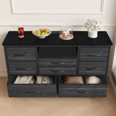 50 inch dresser Sloane Mid-Century Modern Black 6-Drawer 52 in. Solid Wood each with a straight faux diamond encrusted metal handle Best Buy