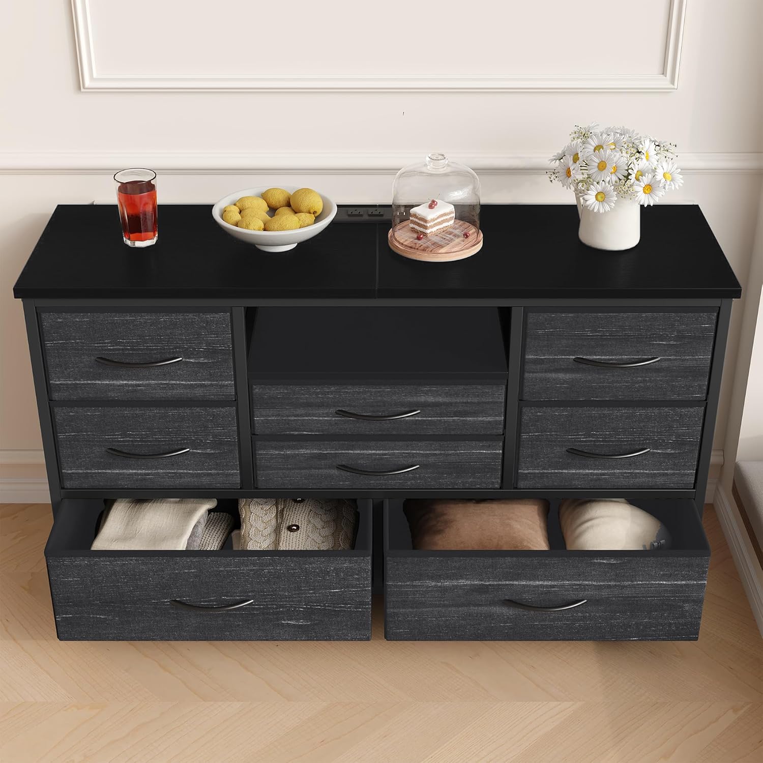 Alt View 2. GARVEE - 8 Drawer TV Stand, Power Outlet, LED, 47" Media Console, Storage Chest, Bedroom, Living Room, Black - Black.