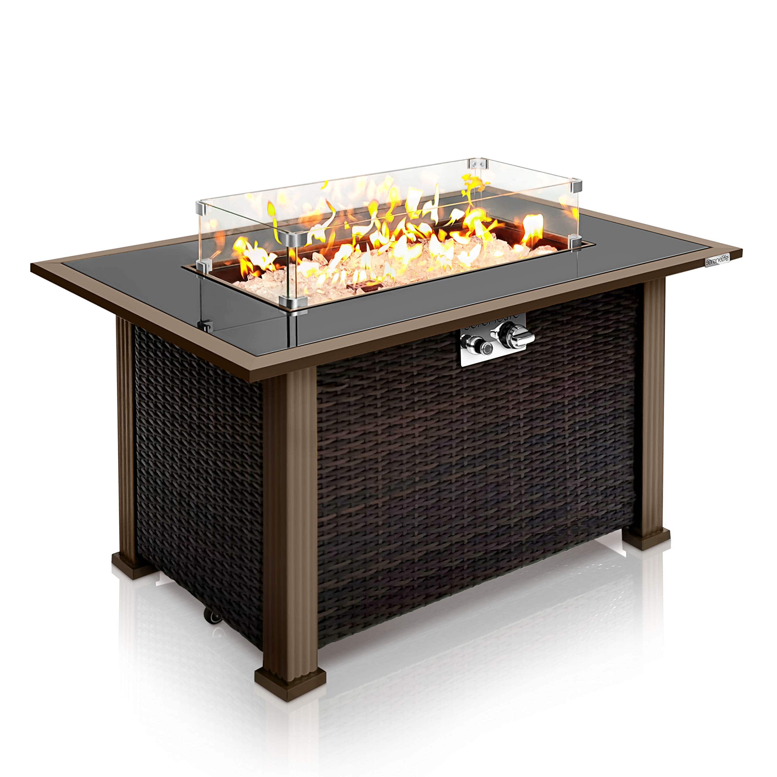 SereneLife - Outdoor Propane Fire Pit Table, 50,000 BTU, Auto-Ignition, Black Glass Wind Guard - SLFPTL - Rattan Brown