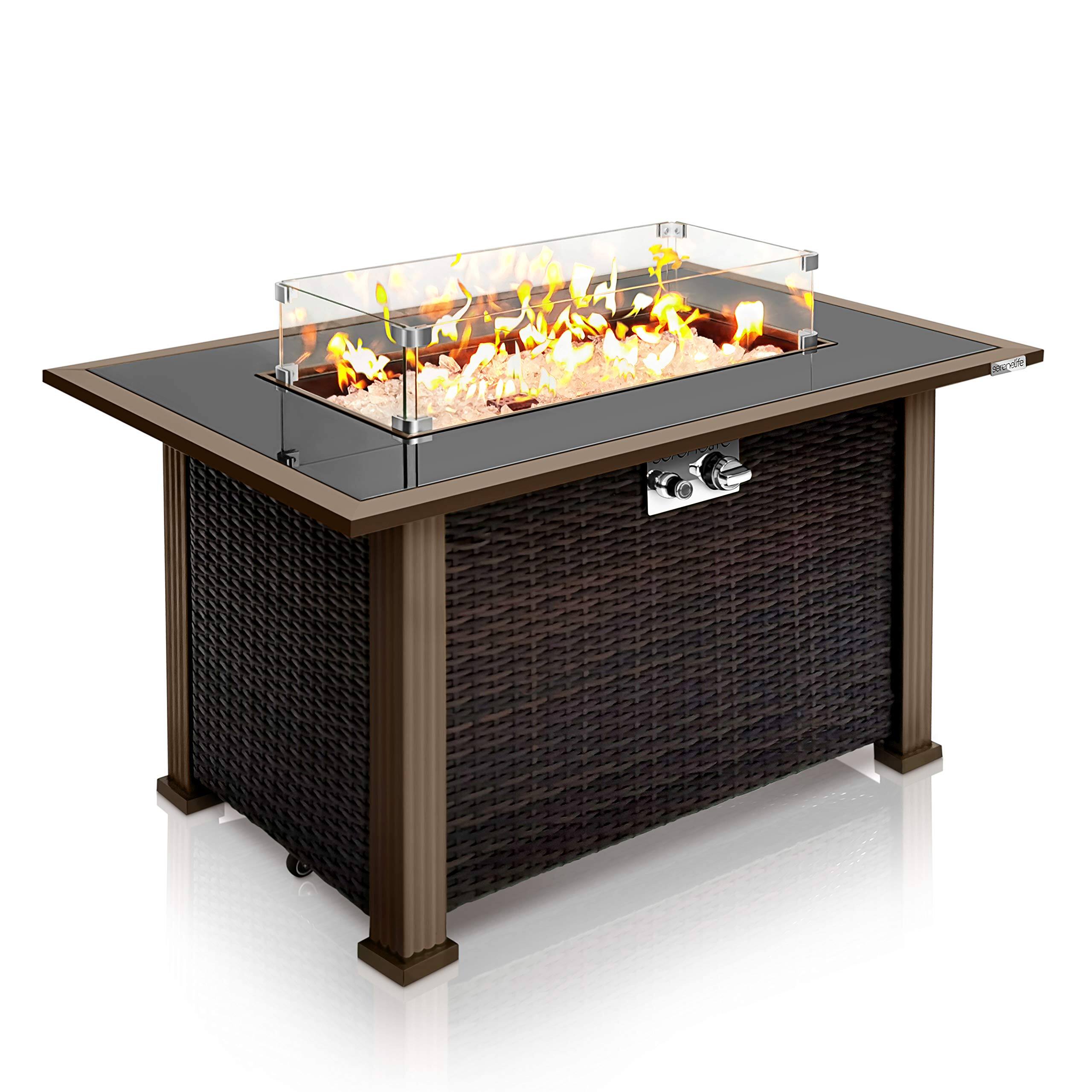 Front. SereneLife - SereneLife Outdoor Propane Fire Pit Table, 50,000 BTU, Auto-Ignition, Black Glass Wind Guard - SLFPTL - Rattan Brown.