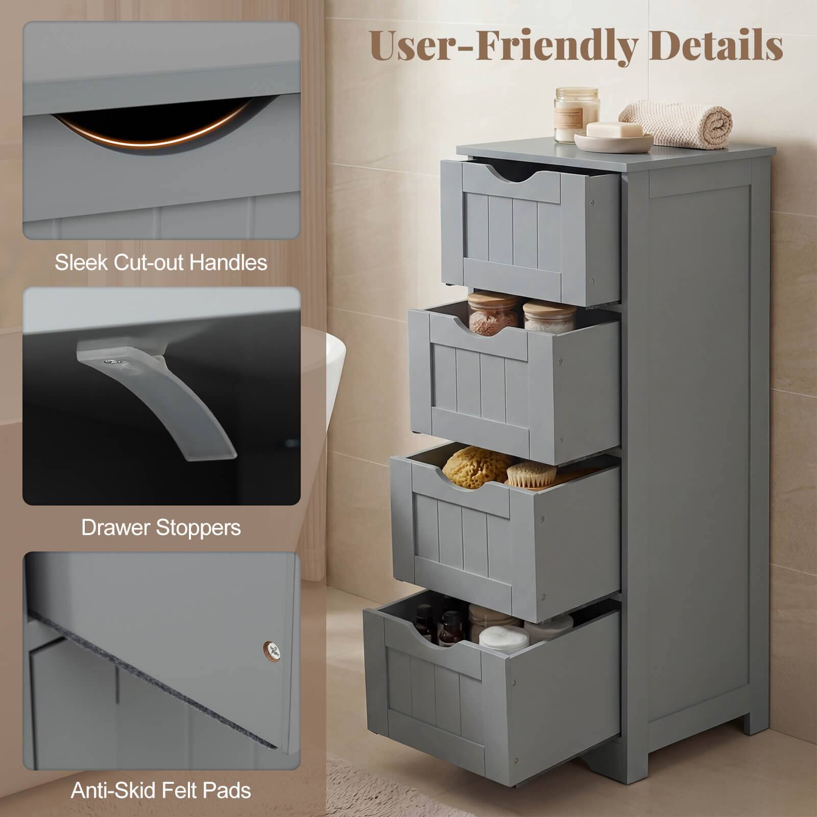 User-Friendly Details  
Sleek Cut-out Handles  
Drawer Stoppers  
Anti-Skid Felt Pads