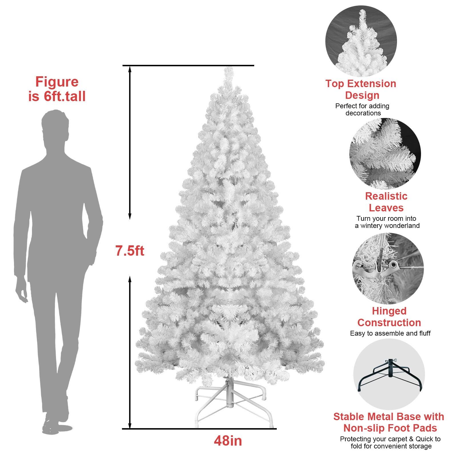 - Figure is 6ft tall
- 7.5ft
- 48in

Top Extension Design
- Perfect for adding decorations

Realistic Leaves
- Turn your room into a wintery wonderland

Hinged Construction
- Easy to assemble and fluff

Stable Metal Base with Non-slip Foot Pads
- Protecting your carpet & Quick to fold for convenient storage