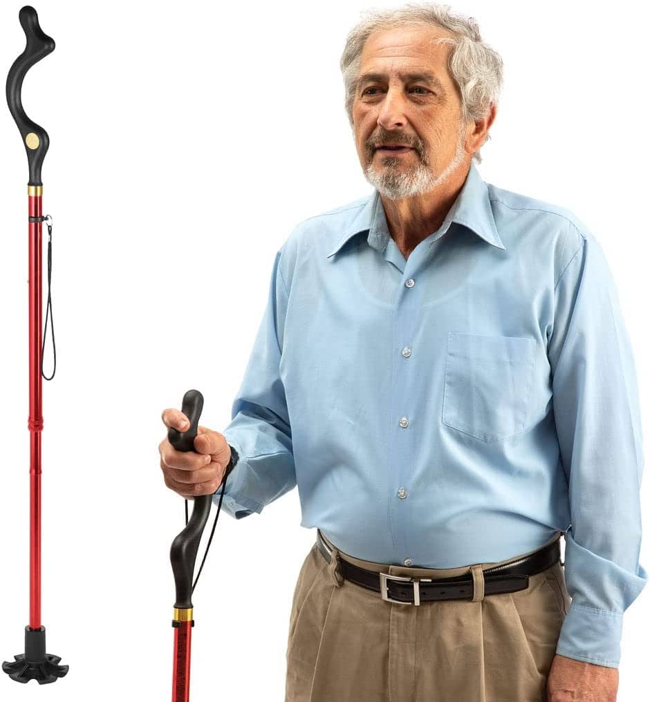 Medical King - Collapsible Walking Cane with 10 Adjustable Heights - Self-Standing Folding Cane, Lightweight & Comfortable Grip - Red