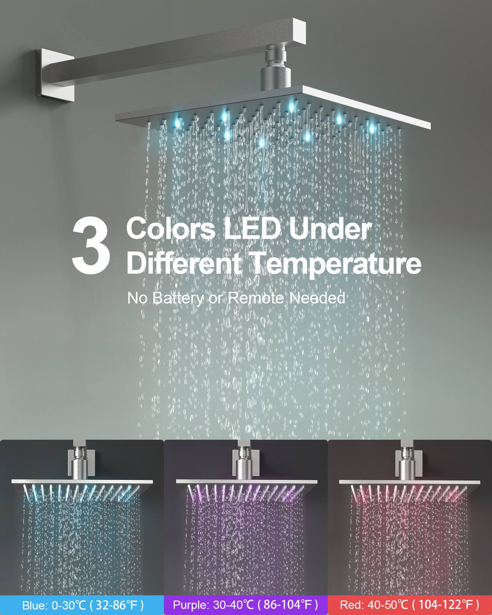 3 Colors LED Under Different Temperature  
No Battery or Remote Needed  

Blue: 0-30°C (32-86°F)  
Purple: 30-40°C (86-104°F)  
Red: 40-50°C (104-122°F)