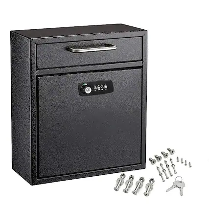 Front. AdirOffice - Drop Box Medium Steel Wall-Mounted Drop Box Mailbox with Combination Lock - Black.