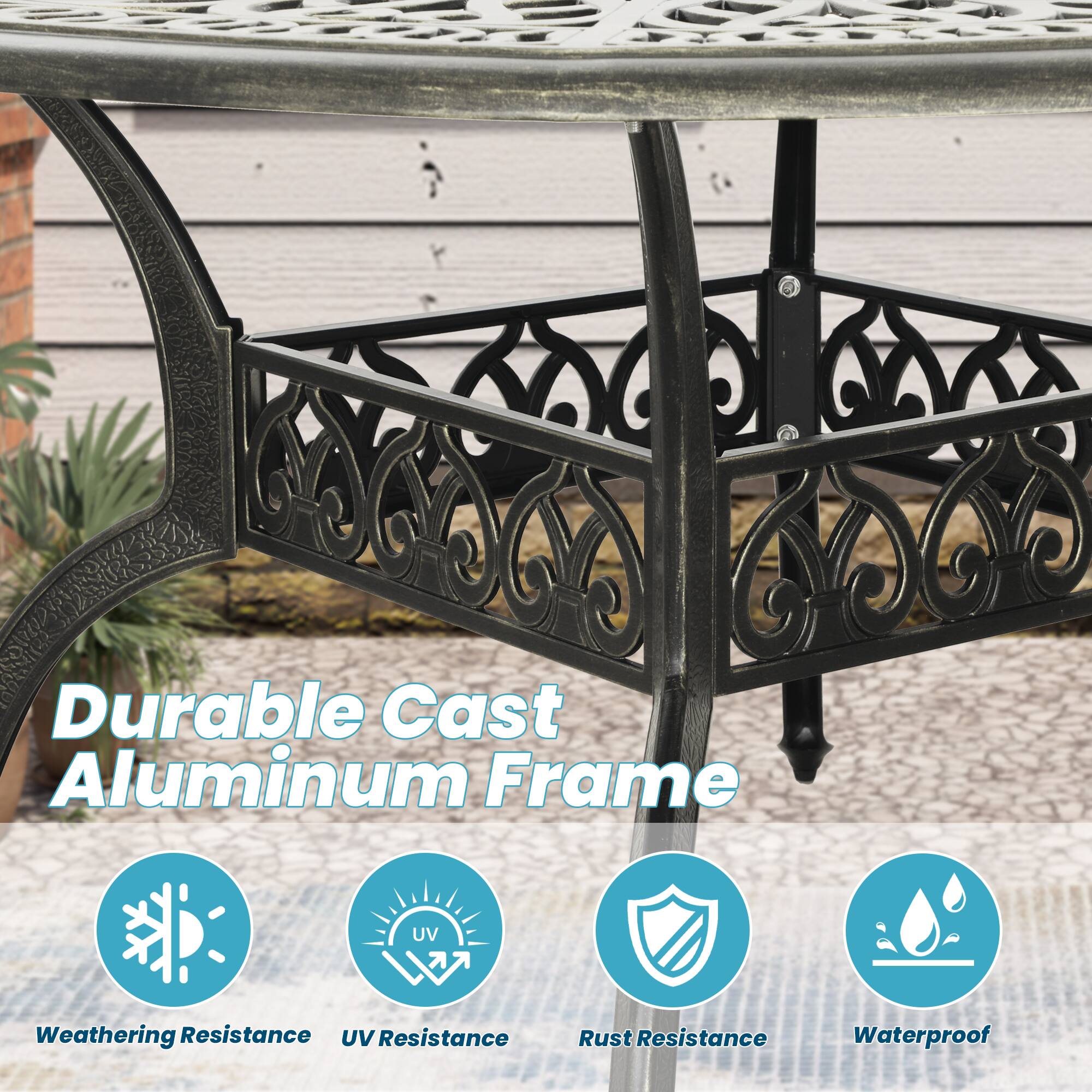 Durable Cast Aluminum Frame  
- Weathering Resistance  
- UV Resistance  
- Rust Resistance  
- Waterproof