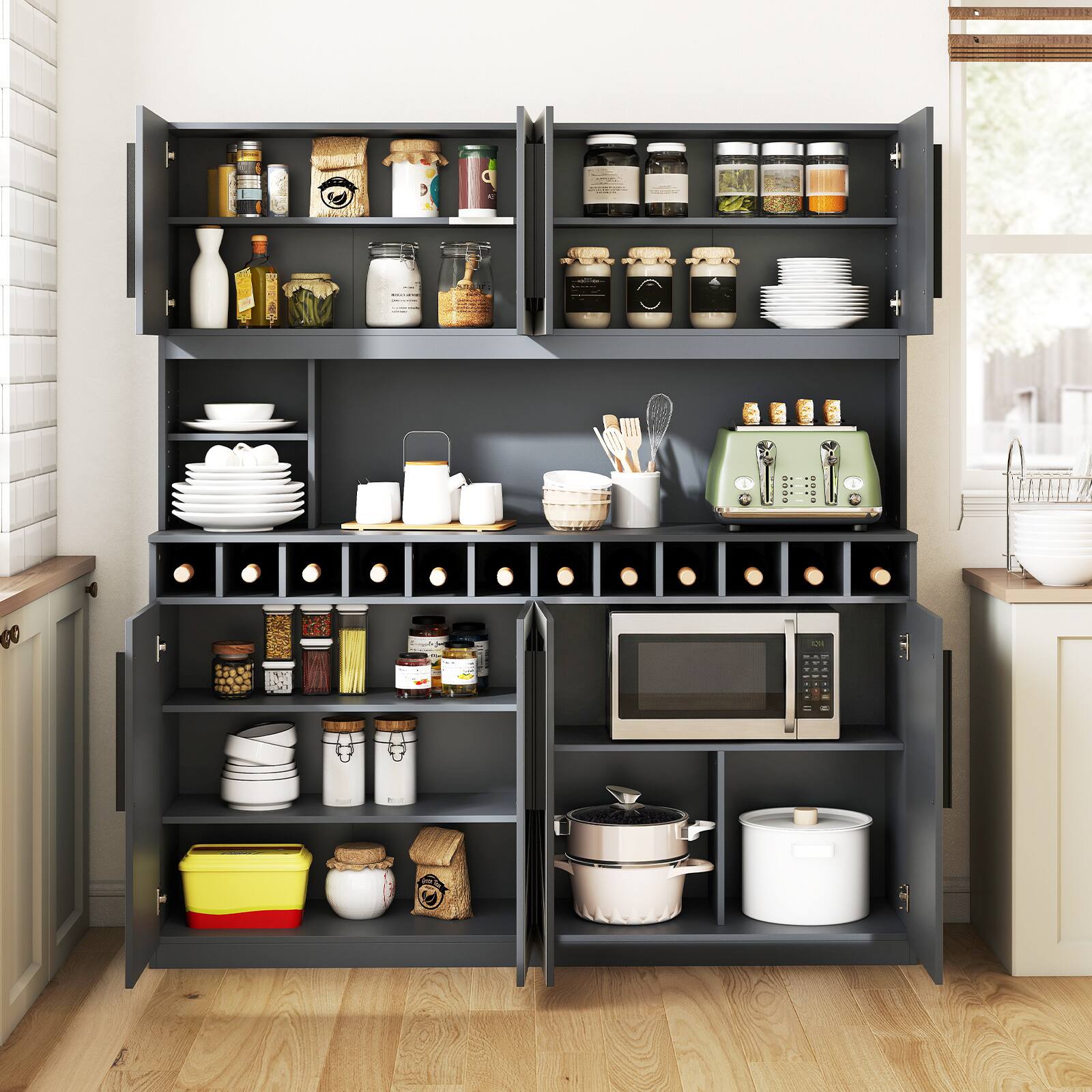 Alt View 3. Gymax - Gymax 63'' Wide Kitchen Buffet Hutch w/4 Cabinets 2 Open Shelves & 12-Bottle Wine Rack Dark Gray - Grey.