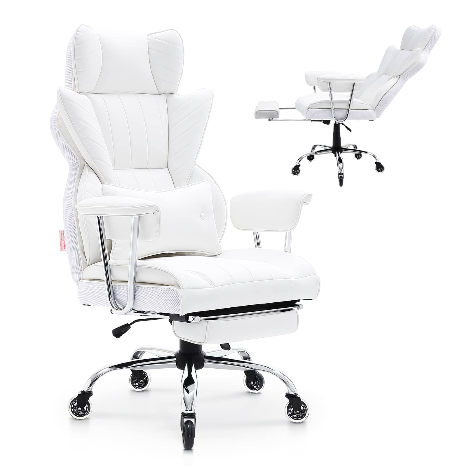 VEVOR - Reclining Office Chair with Footrest, Heavy Duty PU Leather Wide Office Chair, Big and Tall Executive Office Chairs - White