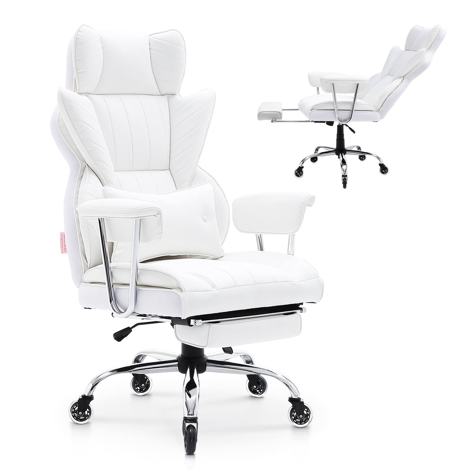 VEVOR - Reclining Office Chair with Footrest, Heavy Duty PU Leather Wide Office Chair, Big and Tall Executive Office Chairs - White